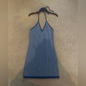 American Threads blue tie halter neck mini dress with an open back.